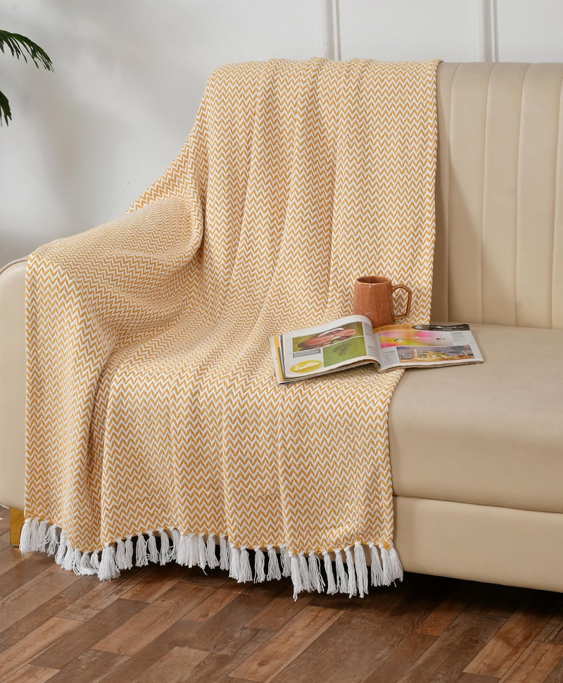 SASHAA WORLD Chevron Delight | Yellow Ivory Versatile Cotton Throw Blanket | Ideal for Living Room, Sofa, Bed and Chair | 180X130 Cm - Image 1