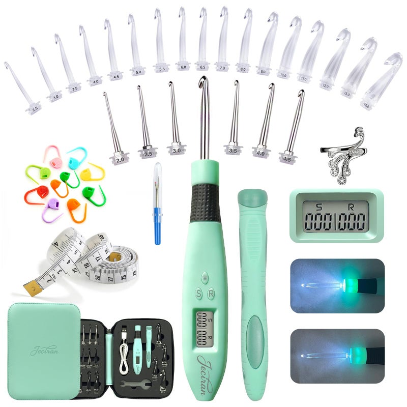 Jeciran 24 in 1 Light Up Crochet Hook Set,Lighted Crochet Hooks with Counter,Counting Crochet Hook for Stitch & Row Counter Micro Crochet Gifts with Case - Image 1