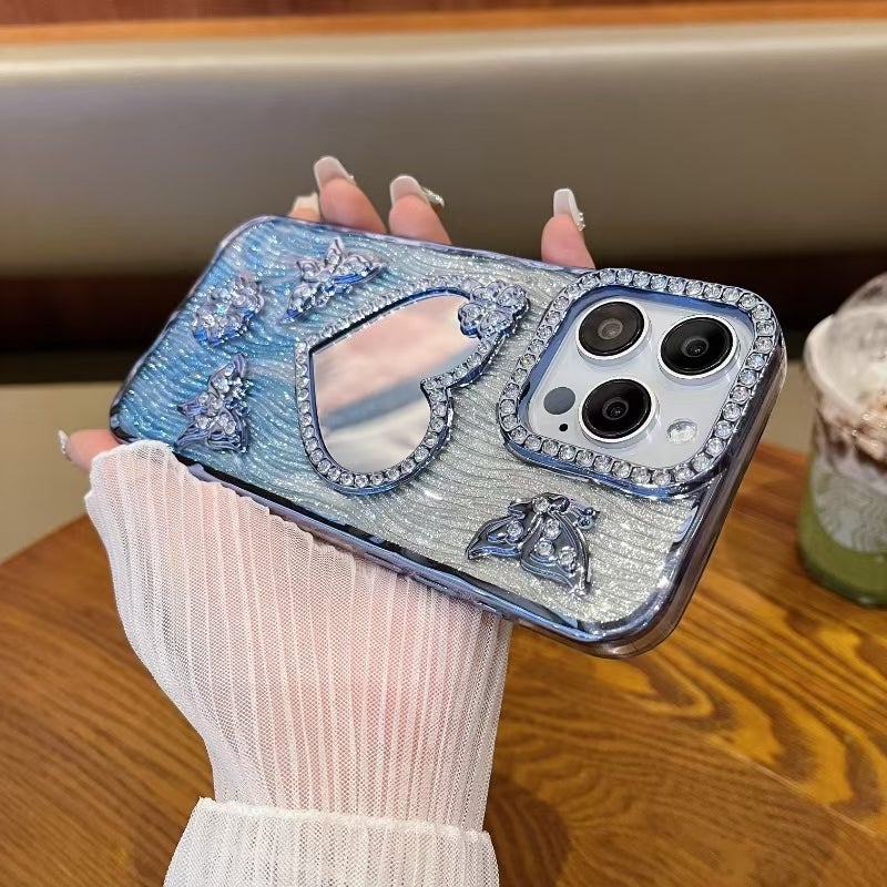 HuHa Protective Cover For iPhone 14 Pro Heart-shaped Mirror Diamond Glitter Phone Case(Blue) - Image 1