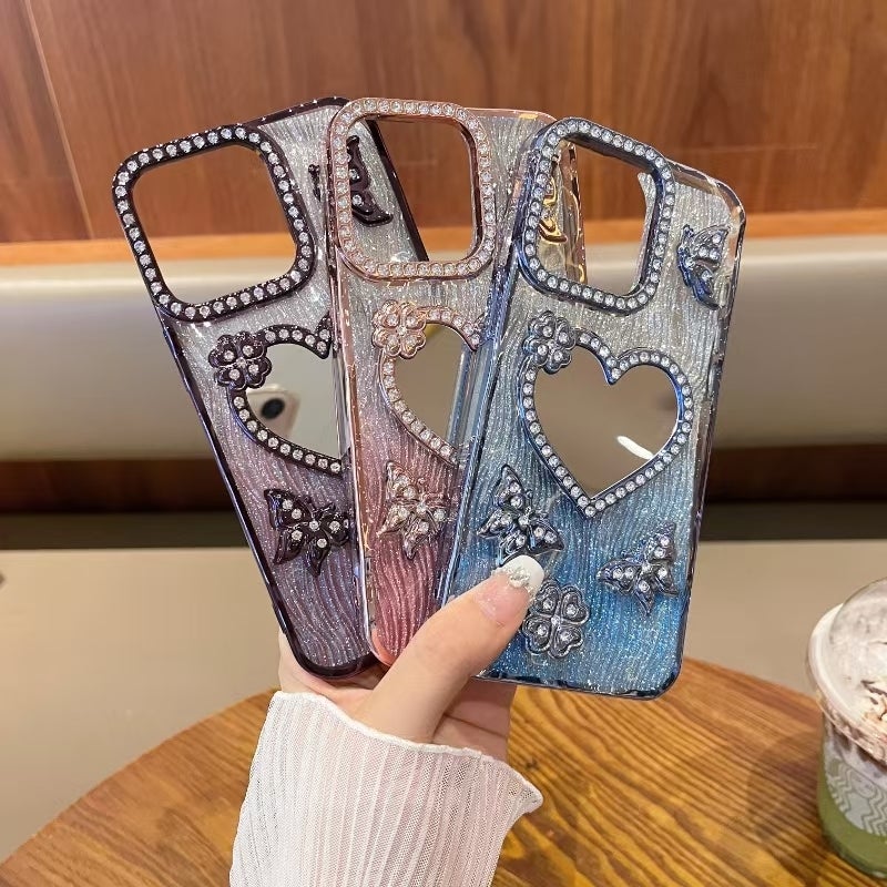 HuHa Protective Cover For iPhone 14 Pro Heart-shaped Mirror Diamond Glitter Phone Case(Blue) - Image 3