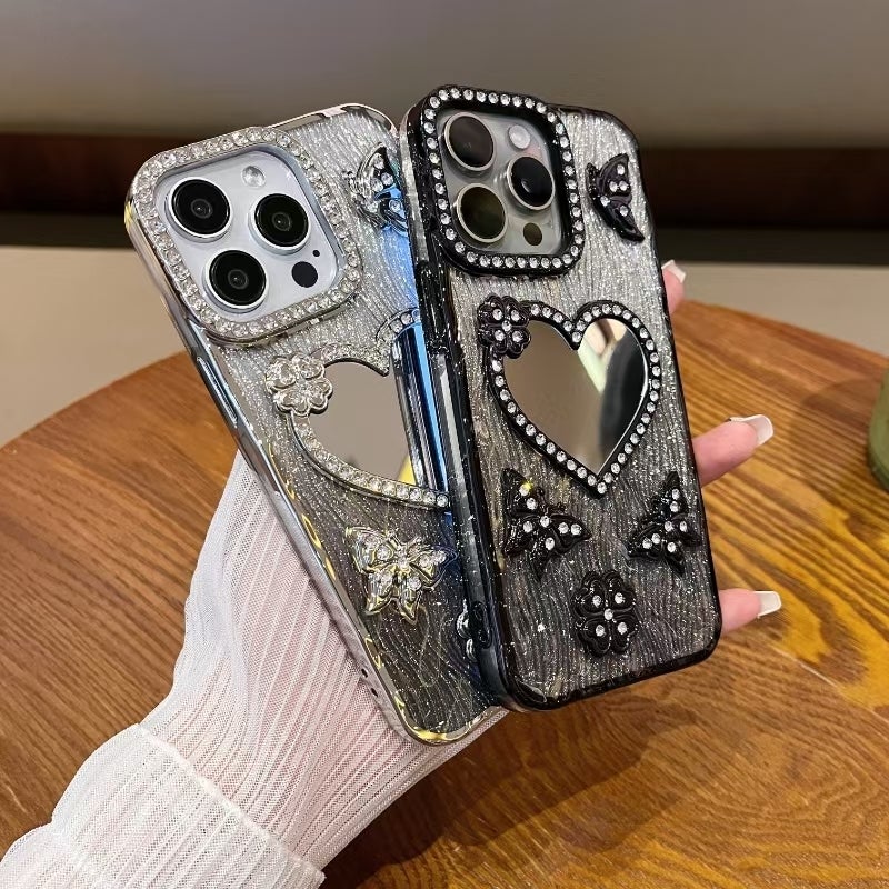 HuHa Protective Cover For iPhone 14 Pro Heart-shaped Mirror Diamond Glitter Phone Case(Blue) - Image 4