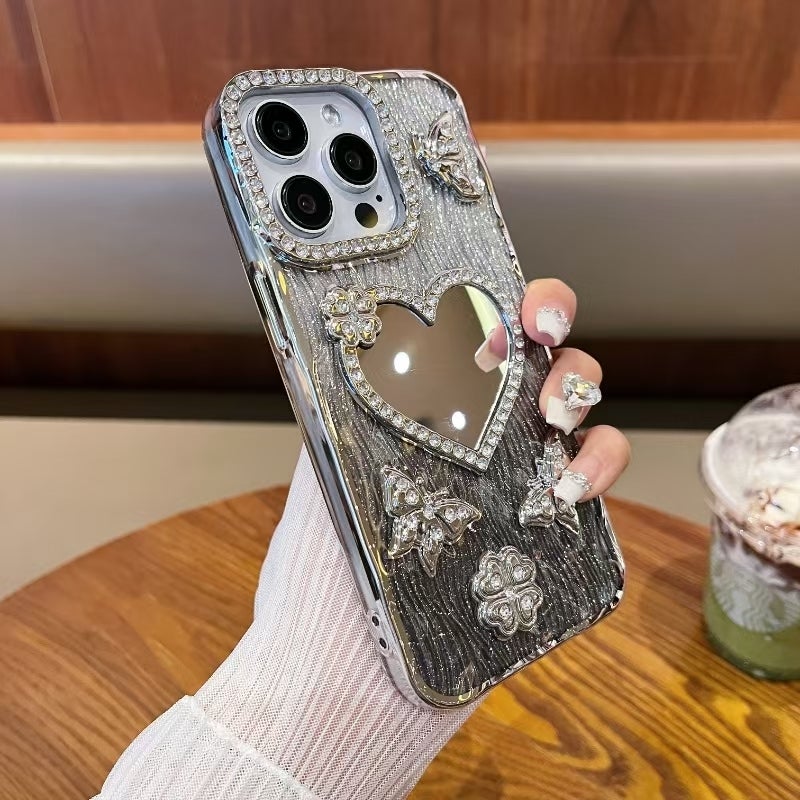 HuHa Protective Cover For iPhone 14 Pro Heart-shaped Mirror Diamond Glitter Phone Case(Blue) - Image 5