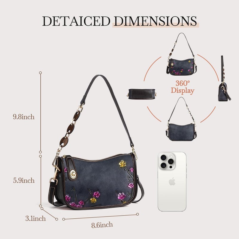 SHARPAD Genuine Leather Shoulder Bag for Women: Vintage Cowhide Leather Crossbody Purse - Flower Embossed Underarm Bag (black) - Image 3