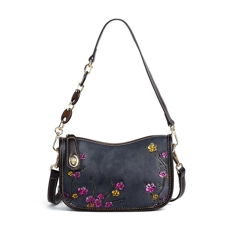 SHARPAD Genuine Leather Shoulder Bag for Women: Vintage Cowhide Leather Crossbody Purse - Flower Embossed Underarm Bag (black) - Image 1