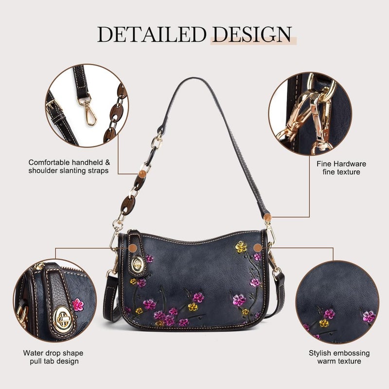 SHARPAD Genuine Leather Shoulder Bag for Women: Vintage Cowhide Leather Crossbody Purse - Flower Embossed Underarm Bag (black) - Image 4