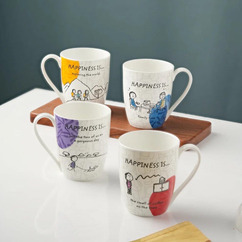 Clay Craft Printed Fine Ceramic Happiness is Oxford Delight Coffee & Milk Mugs, 300Ml, Set of 4, Multicolor - Image 1