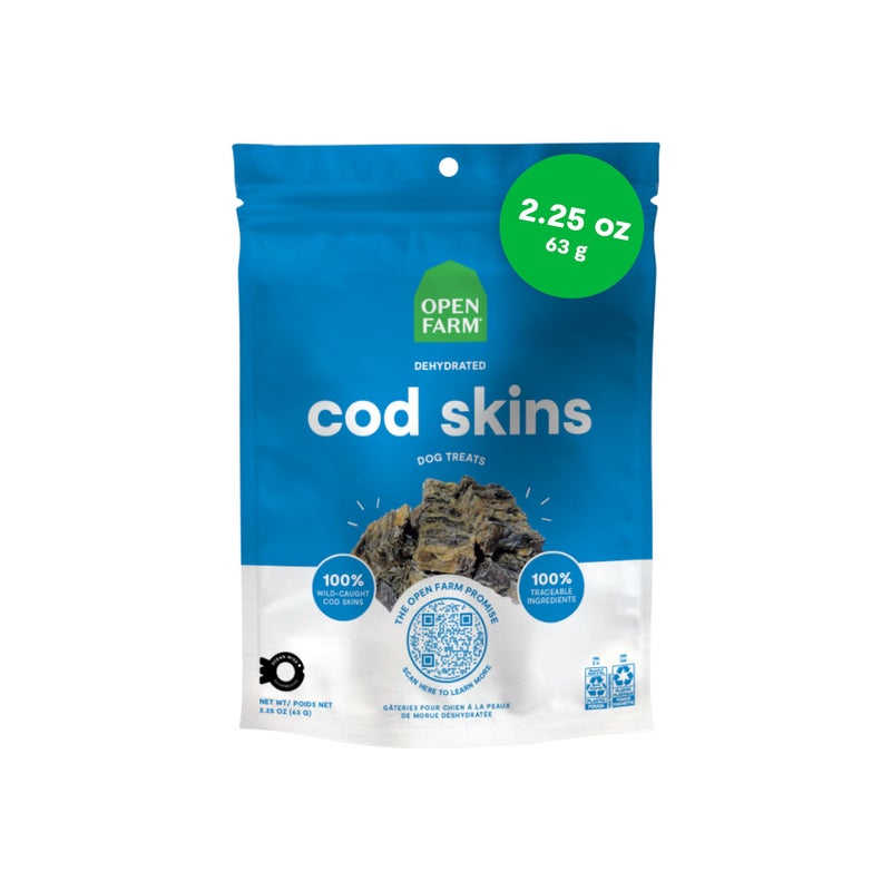 Open Farm, Dehydrated Dog Treats, High Protein & Low Carbohydrate Cod Skins, Crunchy Texture, Single Ingredient Wild-Caught Cod Skins Recipe, 2.25oz Pouch - Image 1