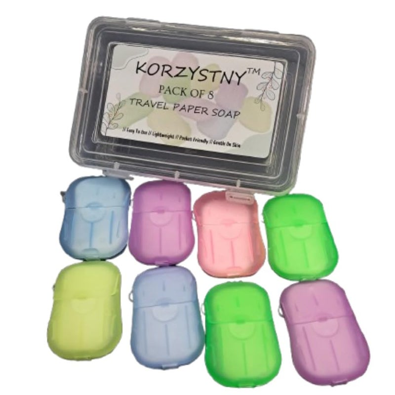 KORZYSTNY Pack Of 8 Mini Hand And Face Washing Paper Soap Box For Travel Toiletry Use 20 Sheet In Box Random Color - Image 1
