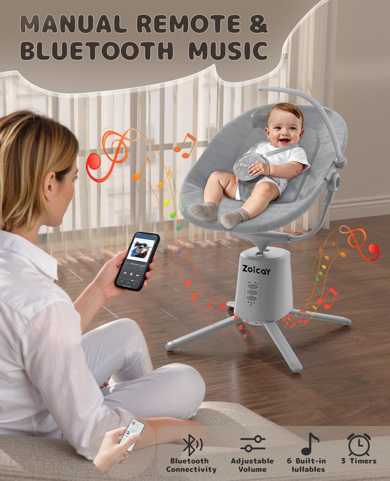 Zoicay Baby Swing,Baby Swings for Infants with 3 Modes & 5 Speeds, BT Enabled App & Remote Control, Electric Swing â€“ 6 Lullabies and 3 Timer Setting, 2 Seat Positions and 5-Point Harness Swing (Gray) - Image 4