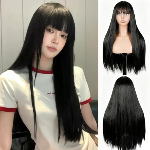 Creamily Long Straight Full Wig for Women Full Head,Black Korean Hair Big Wig for Woman Girls, Synthetic Women Hair Wigs with Bangs (Black, 22 Inches) - Image 1