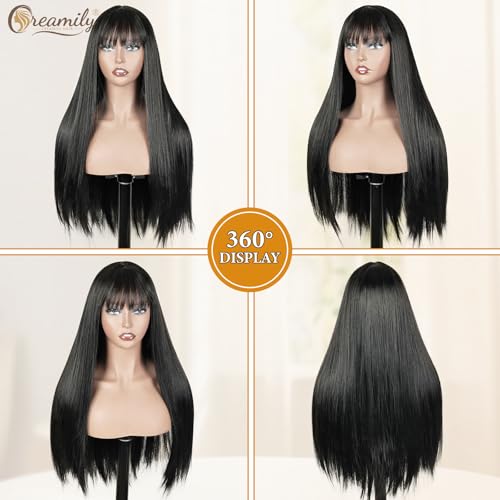 Creamily Long Straight Full Wig for Women Full Head,Black Korean Hair Big Wig for Woman Girls, Synthetic Women Hair Wigs with Bangs (Black, 22 Inches) - Image 2
