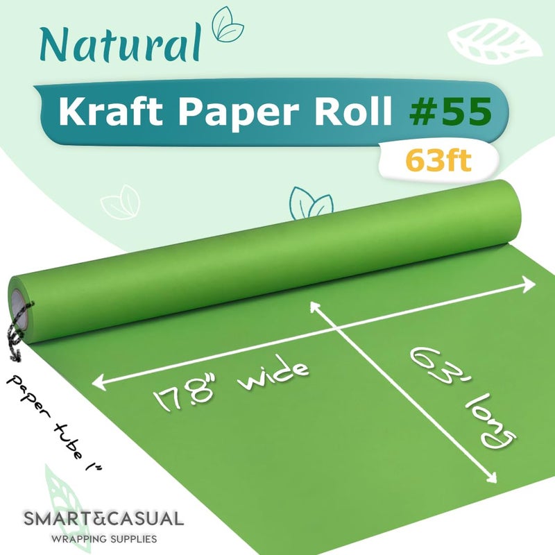 SMART&CASUAL 17.8" x 760" (63') Medium Green Kraft Craft Paper Roll for Gift Wrapping Bulletin Board Bouquet Flower Kids Art Packing Parcel Table Covering 80GSM 55LB (Medium Green, 17.8" x 63') - Image 2