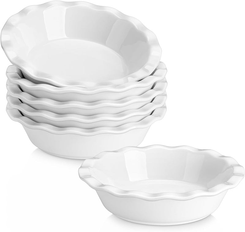 MALACASA Ceramic Mini Pie Pans Set of 6, 6 Inch Pie Plates for Baking with Ruffled Edge, Small Quiche Baking Dish Pans Tart Pans, Individual Pot Pie Plates, Microwave & Oven Safe, White - Image 1