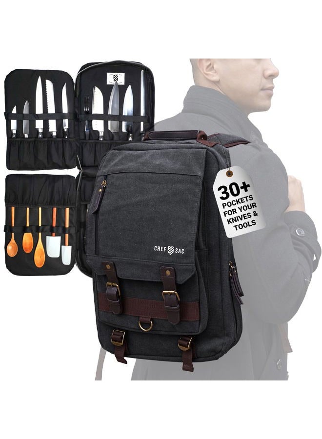 Chef Sac Chef Knife Bag Retro Backpack | 20+ Slots for Knives and Chef Tools | Knife Carrying Case with Hidden Back Pocket for Tablet | Sturdy Knife Bags For Chefs & Culinary Students | Premium Canvas (Black) - Image 1