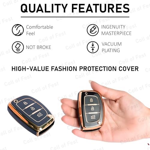 Coll of Fest TPU Gold Car Key Cover Compatible for Hyundai Grand i10 NIOS Asta | Venue | i20 | Aura | Creta | Elantra 3 Button Smart Key Cover - Image 5