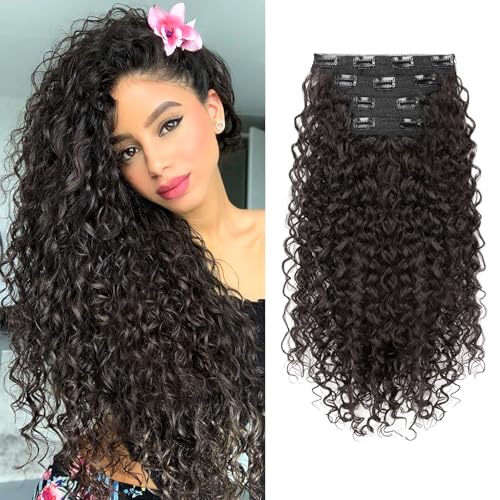 Flufymooz Clip in Hair Extensions, FLUFYMOOZ 4PC 100ï¼… Pure Protein Silk Hair Extensions Long Soft Natural Hairpiece 20 Inch Curly Hair Extension for Women (Dark Chocolate Brown) - Image 1