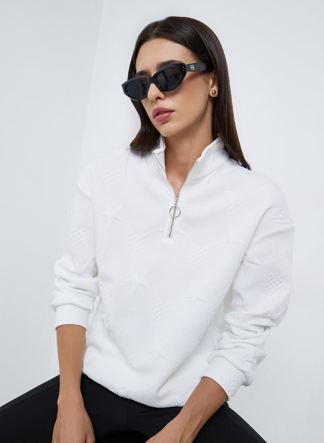 Take Two White Star Textured Half Zip Sweatshirt - Image 3