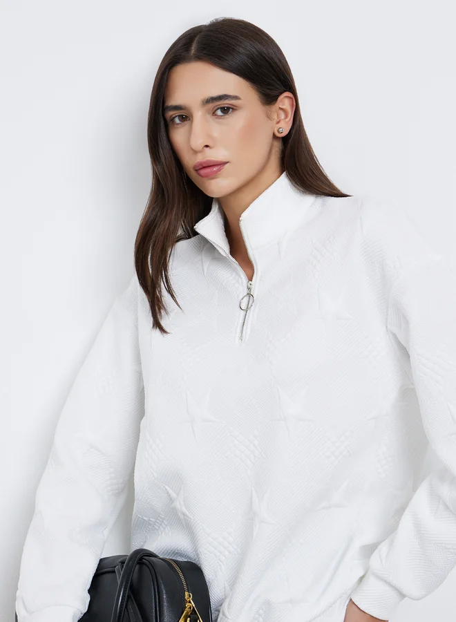 Take Two Take Two White Star Textured Half Zip Sweatshirt