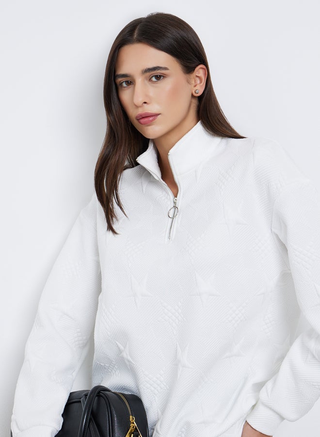 Take Two White Star Textured Half Zip Sweatshirt - Image 1