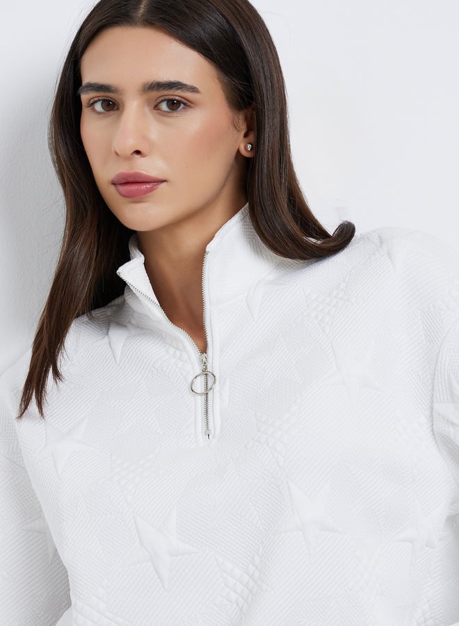 Take Two White Star Textured Half Zip Sweatshirt - Image 4