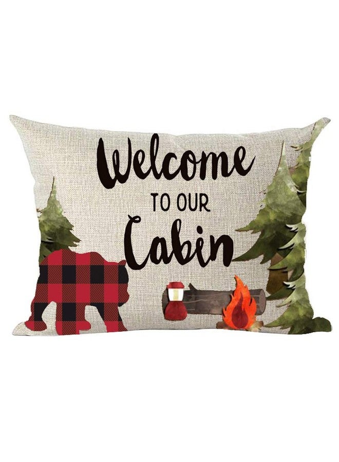 Ramirar Black Word Art Welcome to Our Cabin Forest Pine Bear Bonfire Fire Decorative Lumbar Throw Pillow Cover Case Home Living Room Bed Sofa Car Cotton Linen Rectangular 12 x 20 Inches - Image 1