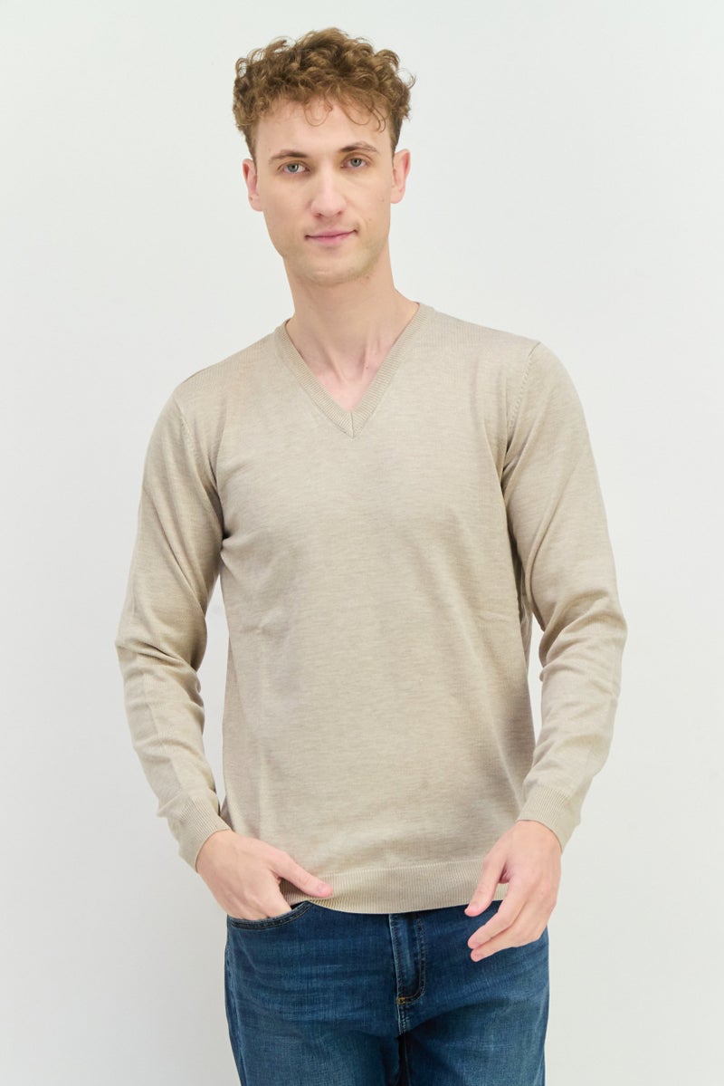 Sorbino Men V- Neck Textured Long Sleeves Sweatshirt, Beige - Image 1