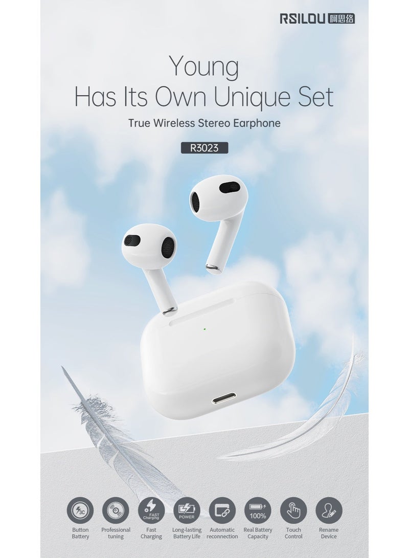 RSILOU- R3023 True Wireless Stereo Earphones | 5.5 Hours Playback | 13mm Dynamic Driver | Bluetooth 5.3 | Deep Bass & Clear Sound | Compact Charging Case (White) - Image 3