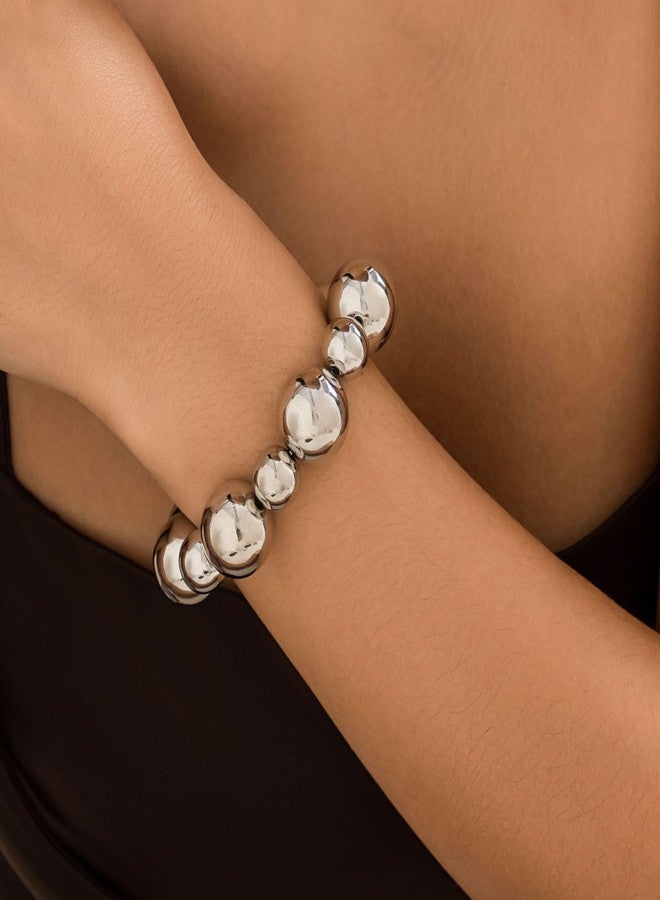 FUTIMELY Chunky Bead Bracelets,Delicate Punk Plated Gold Exaggerated Metal Stretch Bangles,Charming Valentine's Day Jewelry Gift for Women (Silver) - Image 5