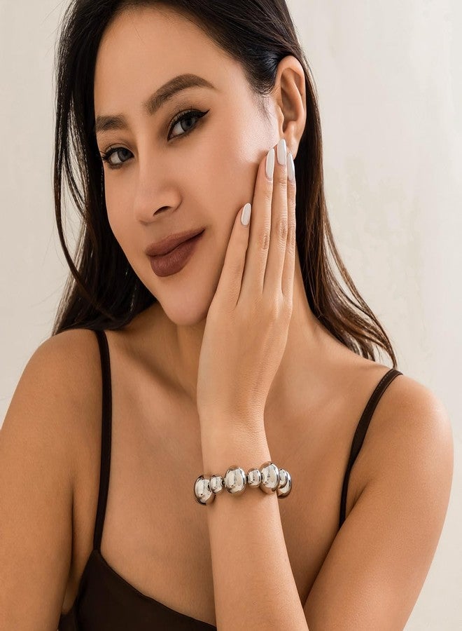 FUTIMELY Chunky Bead Bracelets,Delicate Punk Plated Gold Exaggerated Metal Stretch Bangles,Charming Valentine's Day Jewelry Gift for Women (Silver) - Image 3