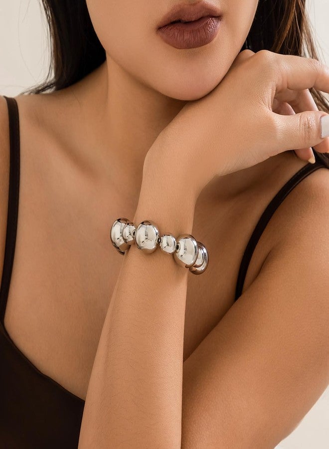 FUTIMELY Chunky Bead Bracelets,Delicate Punk Plated Gold Exaggerated Metal Stretch Bangles,Charming Valentine's Day Jewelry Gift for Women (Silver) - Image 4