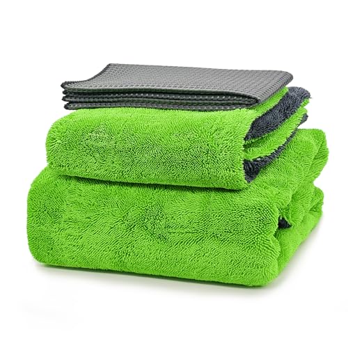 YeewayVeh Complete Drying Towel Set, 3-Pack Microfiber Towels (28"x36" & 16"x16" Drying & Waffle Weave), 1400 GSM Ultra Absorbent, Streak-Free Car Detailing Towels for Bulk Water, Final Polish & Glass - Image 1