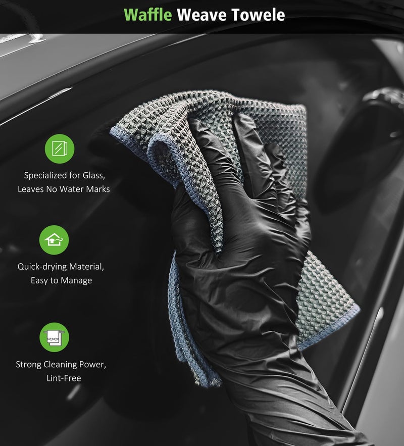YeewayVeh Complete Drying Towel Set, 3-Pack Microfiber Towels (28"x36" & 16"x16" Drying & Waffle Weave), 1400 GSM Ultra Absorbent, Streak-Free Car Detailing Towels for Bulk Water, Final Polish & Glass - Image 5