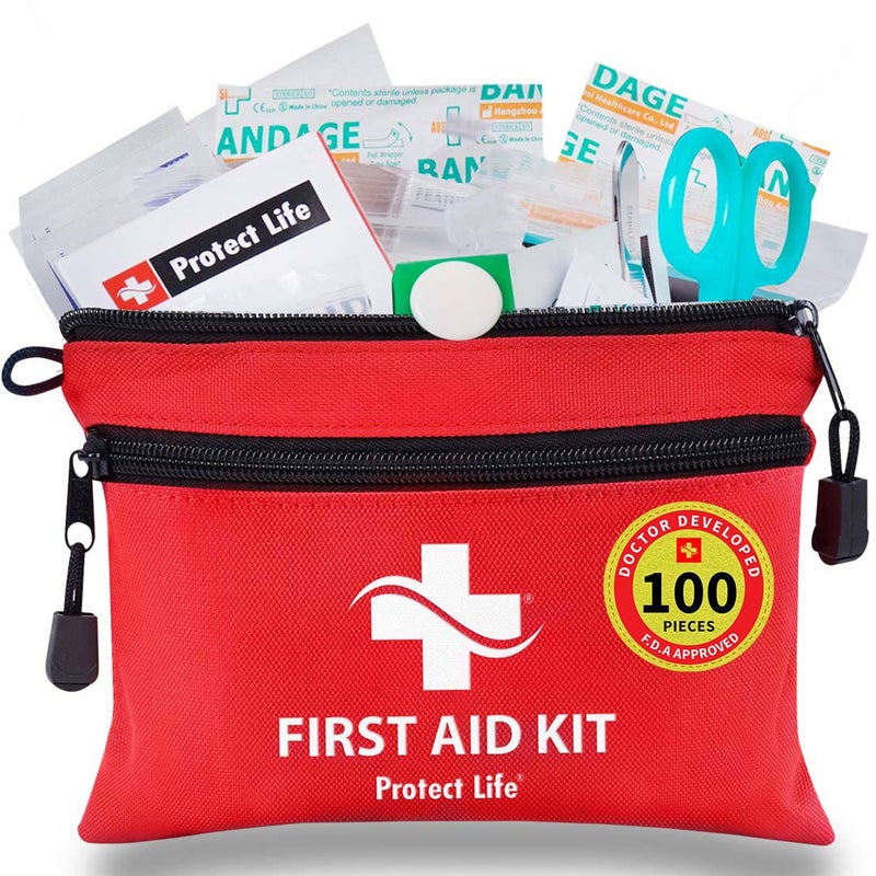 Protect Life طقم الإسعافات الأولية لحماية الحياة للمنزل/العمل، مؤهل للطوارئ HSA/FSA | طقم إسعافات أولية للسفر صغير | طقم إسعافات أولية للتخييم والمشي | طقم إسعافات أولية صغير للسيارة | طقم طبي للبقاء - 100 قطعة - Image 1