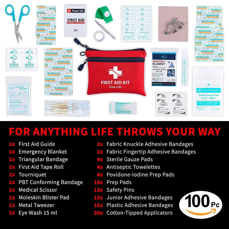 Protect Life طقم الإسعافات الأولية لحماية الحياة للمنزل/العمل، مؤهل للطوارئ HSA/FSA | طقم إسعافات أولية للسفر صغير | طقم إسعافات أولية للتخييم والمشي | طقم إسعافات أولية صغير للسيارة | طقم طبي للبقاء - 100 قطعة - Image 3