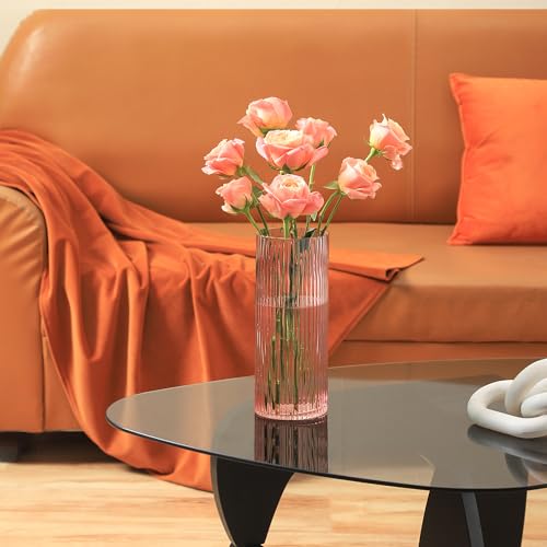 YANWE1 Pink Glass Vase for Flowers Ribbed Glass Vase, Pink Flower Vase, Tall Cylinder Glass Vases for Centerpieces, Living Room, Bedroom, Dining Table, Office, Wedding, Bookshelf Decoration,10 Inches - Image 3