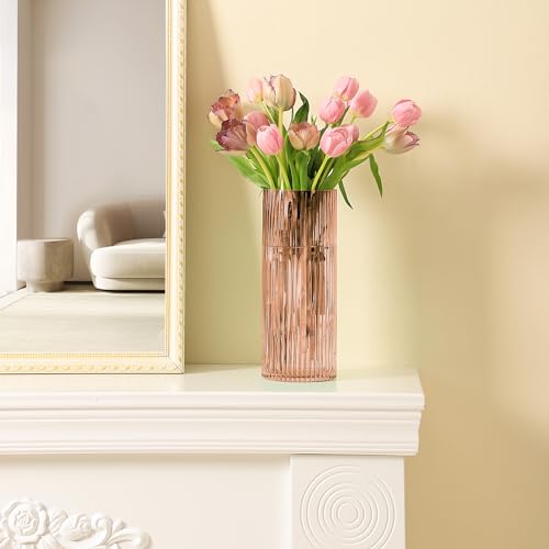 YANWE1 Pink Glass Vase for Flowers Ribbed Glass Vase, Pink Flower Vase, Tall Cylinder Glass Vases for Centerpieces, Living Room, Bedroom, Dining Table, Office, Wedding, Bookshelf Decoration,10 Inches - Image 5