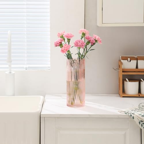 YANWE1 Pink Glass Vase for Flowers Ribbed Glass Vase, Pink Flower Vase, Tall Cylinder Glass Vases for Centerpieces, Living Room, Bedroom, Dining Table, Office, Wedding, Bookshelf Decoration,10 Inches - Image 4