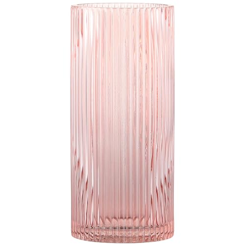 YANWE1 Pink Glass Vase for Flowers Ribbed Glass Vase, Pink Flower Vase, Tall Cylinder Glass Vases for Centerpieces, Living Room, Bedroom, Dining Table, Office, Wedding, Bookshelf Decoration,10 Inches - Image 1