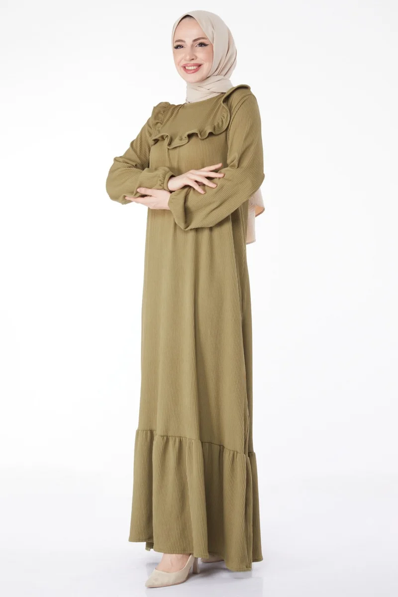 Tofisa Plain Crew Neck Women's Khaki Ruffle Dress - 25056