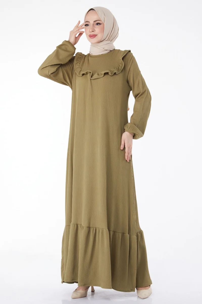 Tofisa Plain Crew Neck Women's Khaki Ruffle Dress - 25056