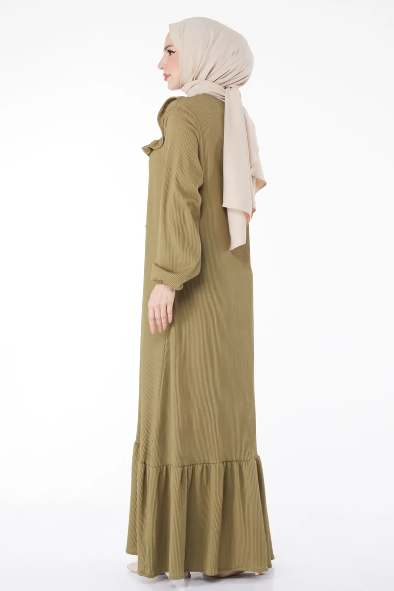 Tofisa Plain Crew Neck Women's Khaki Ruffle Dress - 25056