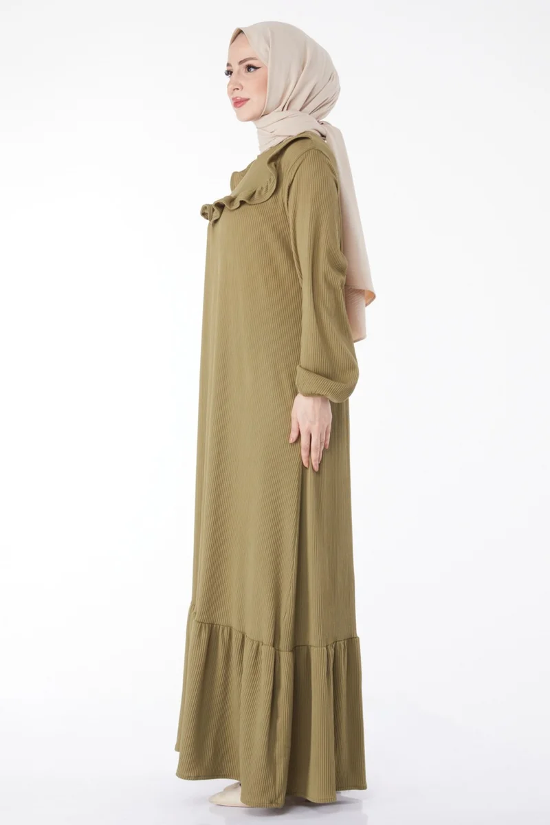 Tofisa Plain Crew Neck Women's Khaki Ruffle Dress - 25056