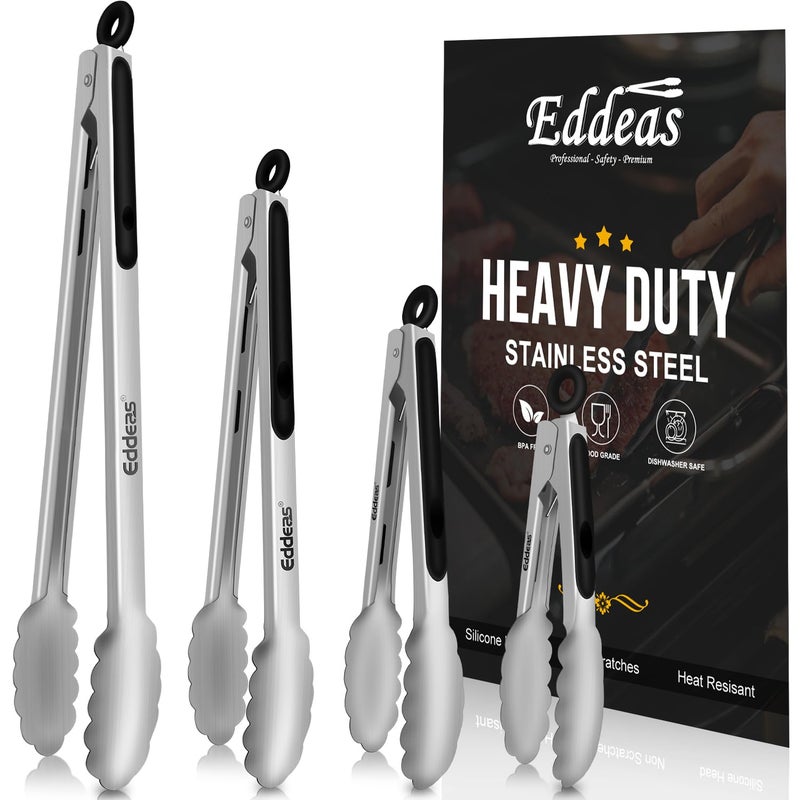 EDDEAS Grill Tongs - BBQ Tongs Heat Resistant 600 Degrees, Heavy Duty Metal, Perfect for Cooking, Grilling, Set of 4, 7",9",12" & 14 inch Black - Image 1
