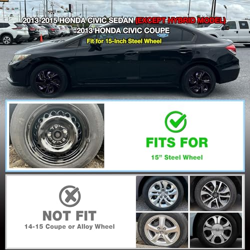 WEISIGAO 4-Pack Hubcaps Fit for 2006-2011 Honda Civic; Wheel Rim Covers Compatible with 2013-2015 Honda Civic 15'' Steel Wheel (Glossy Black) - Image 2