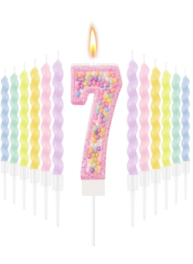 MTLEE Number 7 Birthday Candle with 12 Pcs Spiral Candles for Girls Macaron Pastel Rainbow Unicorn Pink Cake Topper for Sweet Theme Party Decoration - Image 1