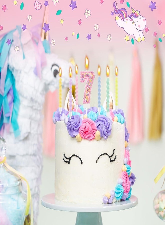 MTLEE Number 7 Birthday Candle with 12 Pcs Spiral Candles for Girls Macaron Pastel Rainbow Unicorn Pink Cake Topper for Sweet Theme Party Decoration - Image 5