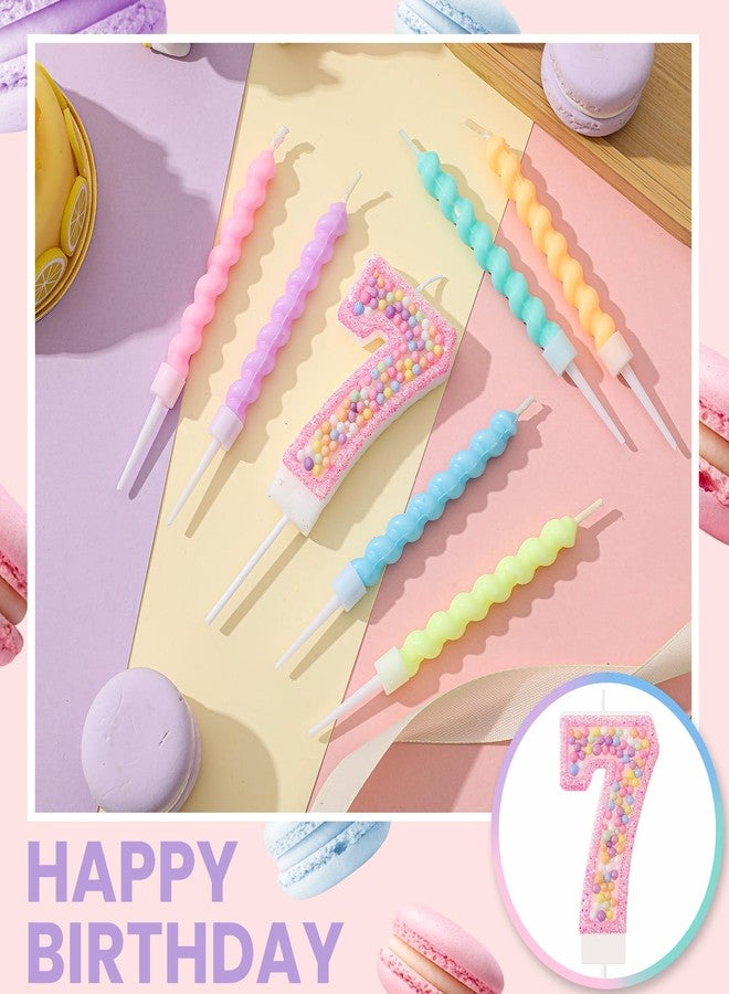 MTLEE Number 7 Birthday Candle with 12 Pcs Spiral Candles for Girls Macaron Pastel Rainbow Unicorn Pink Cake Topper for Sweet Theme Party Decoration - Image 4