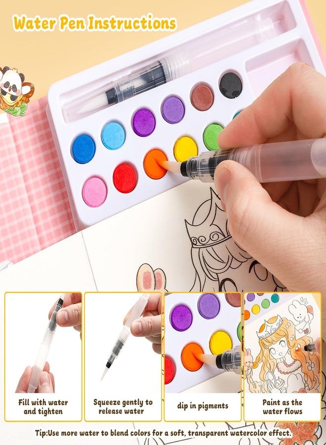 HELIMIX Watercolor Painting Book Set for Kids – 24 Doodle Coloring Sheets, 12 Solid Watercolor Paints & Water Brush Pen | DIY Art & Craft Kit | Birthday Return Gift for Boys & Girls Age 3–10 Years (PRINCESS) - Image 5