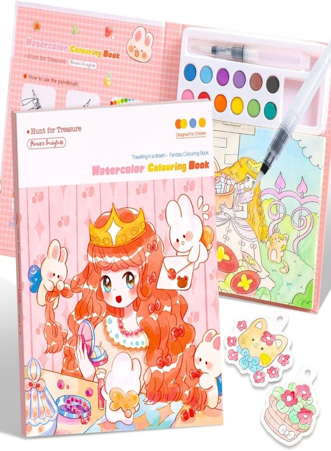HELIMIX Watercolor Painting Book Set for Kids – 24 Doodle Coloring Sheets, 12 Solid Watercolor Paints & Water Brush Pen | DIY Art & Craft Kit | Birthday Return Gift for Boys & Girls Age 3–10 Years (PRINCESS) - Image 1