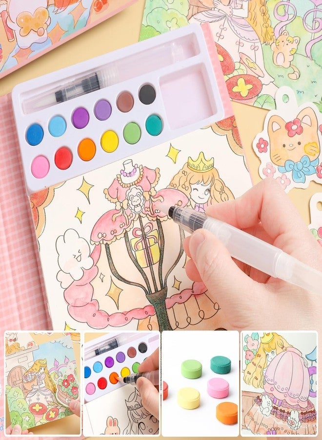 HELIMIX Watercolor Painting Book Set for Kids – 24 Doodle Coloring Sheets, 12 Solid Watercolor Paints & Water Brush Pen | DIY Art & Craft Kit | Birthday Return Gift for Boys & Girls Age 3–10 Years (PRINCESS) - Image 2